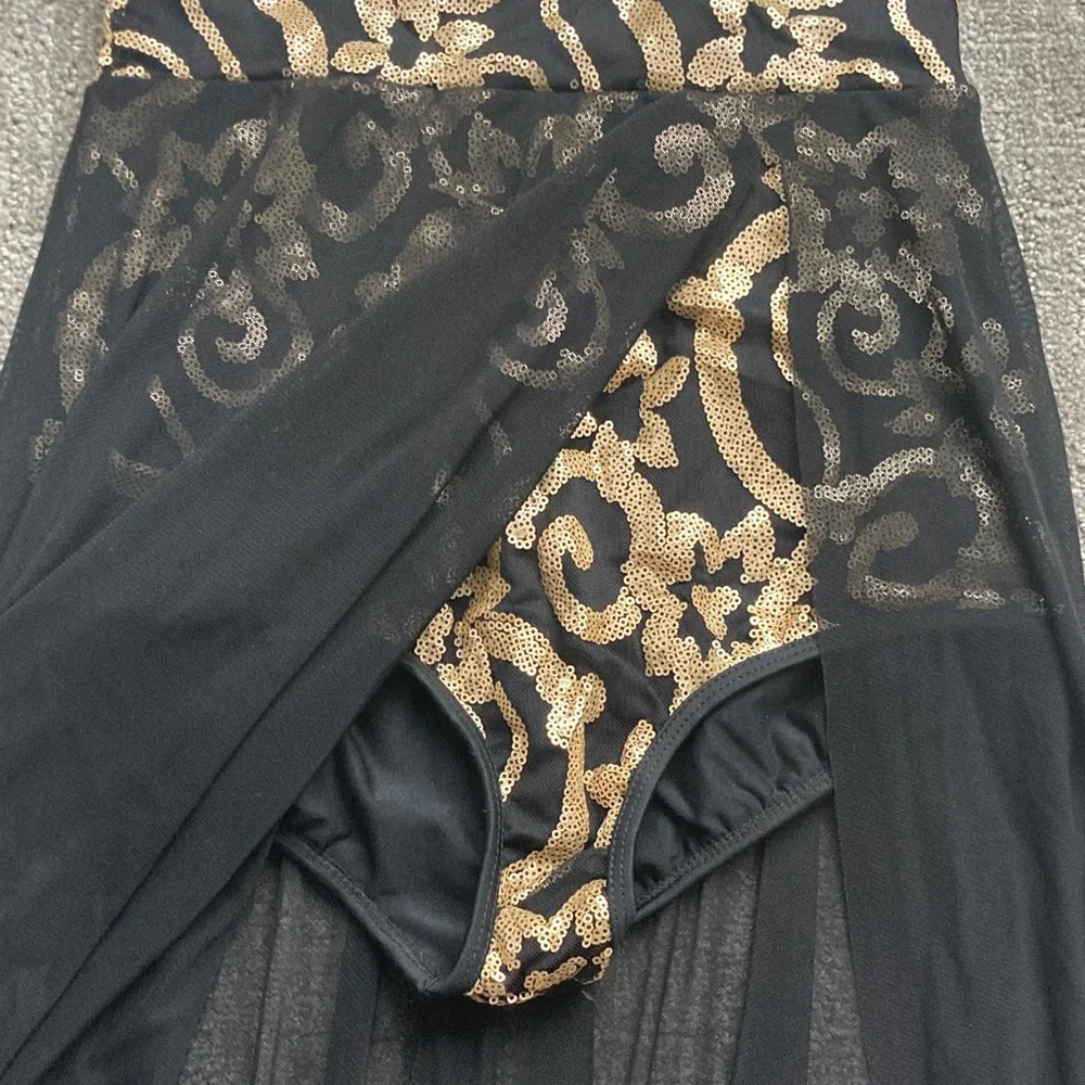Weissman Lyrical Black Long Dress with Gold Sequin Brocade Dance Costume